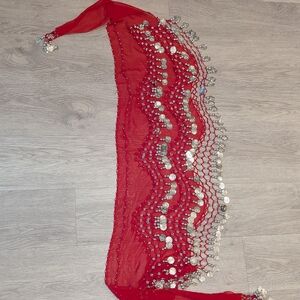 Red Coin Fringe Belly Dance Hip Scarf